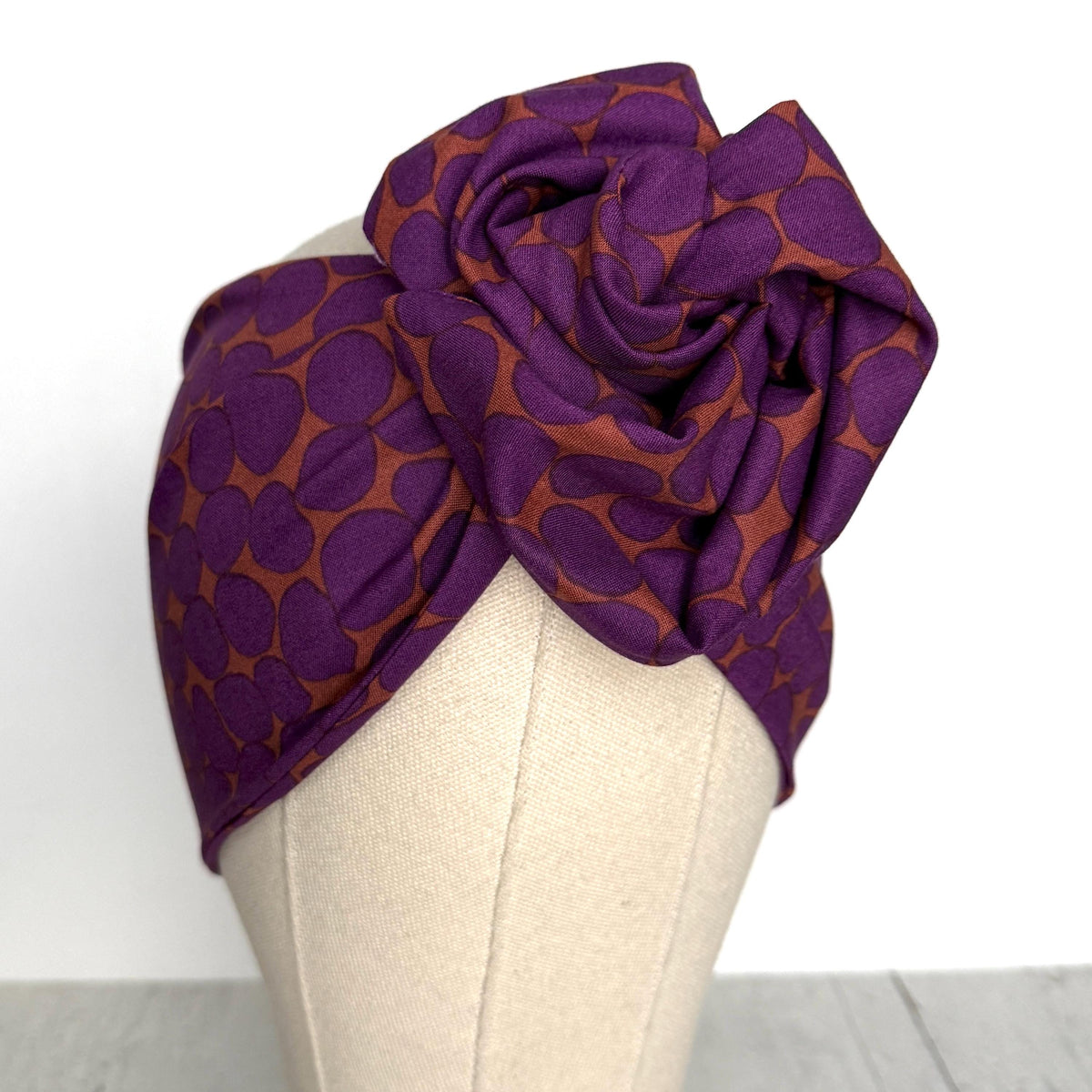 Extra Wide Adjustable Wire Wrap, Purple Eggplant & Terracotta Abstract Dot Wired Headband, Fabric Head Wrap, Boho Head Scarf Accessories
