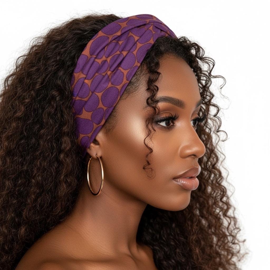 Extra Wide Adjustable Wire Wrap, Purple Eggplant & Terracotta Abstract Dot Wired Headband, Fabric Head Wrap, Boho Head Scarf Accessories