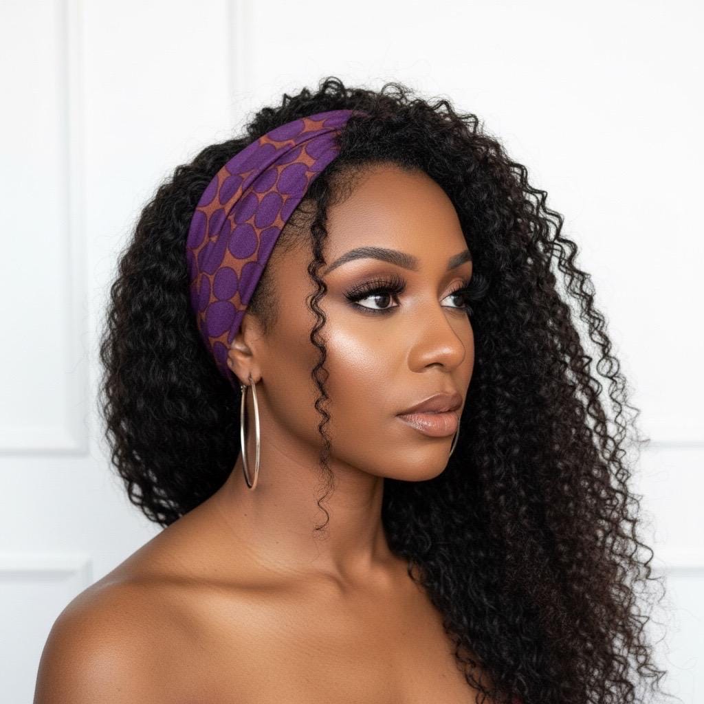 Extra Wide Adjustable Wire Wrap, Purple Eggplant & Terracotta Abstract Dot Wired Headband, Fabric Head Wrap, Boho Head Scarf Accessories