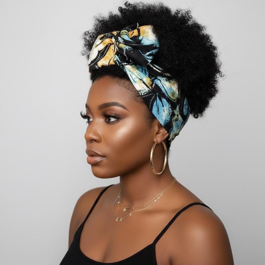 Extra Long & Wide BENDABLE Batik Wire Head Wrap, Batik Black Blue Tan Floral Print Wired Headband, Turban, Hair Wrap, Gift For Her
