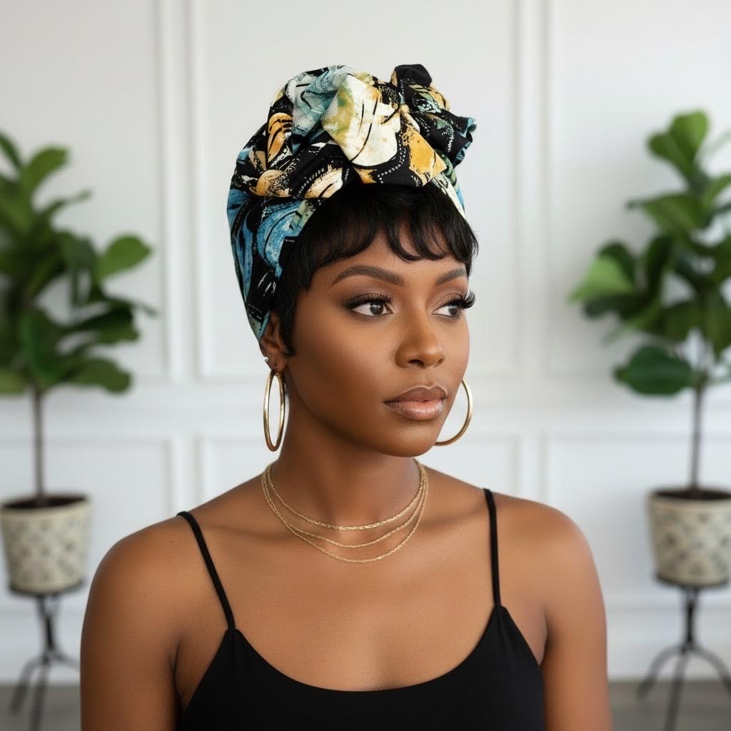 Extra Long & Wide BENDABLE Batik Wire Head Wrap, Batik Black Blue Tan Floral Print Wired Headband, Turban, Hair Wrap, Gift For Her