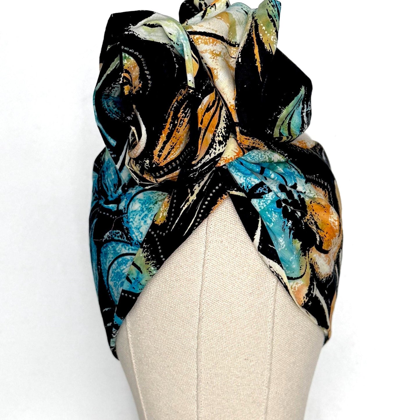 Extra Long & Wide BENDABLE Batik Wire Head Wrap, Batik Black Blue Tan Floral Print Wired Headband, Turban, Hair Wrap, Gift For Her