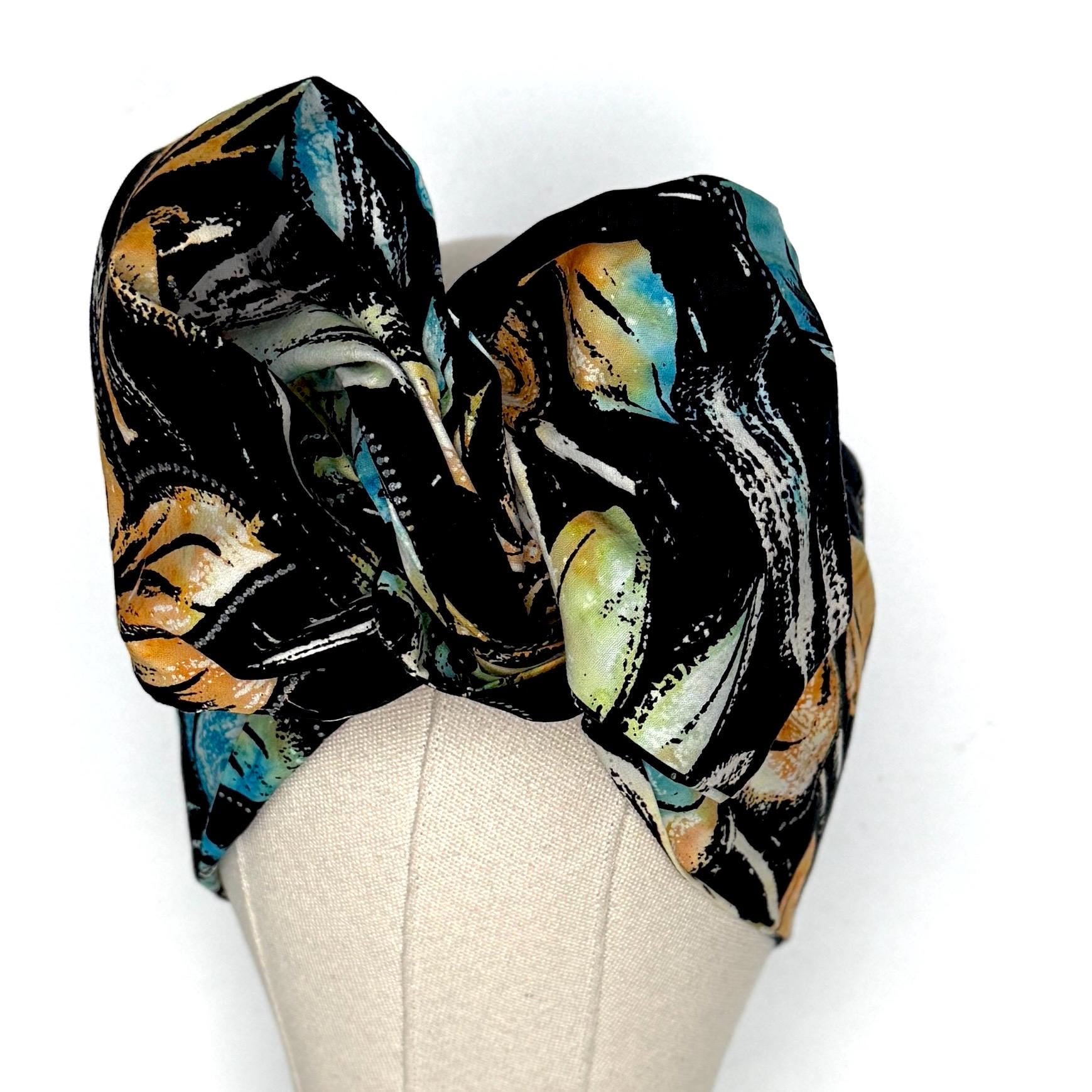 Extra Long & Wide BENDABLE Batik Wire Head Wrap, Batik Black Blue Tan Floral Print Wired Headband, Turban, Hair Wrap, Gift For Her
