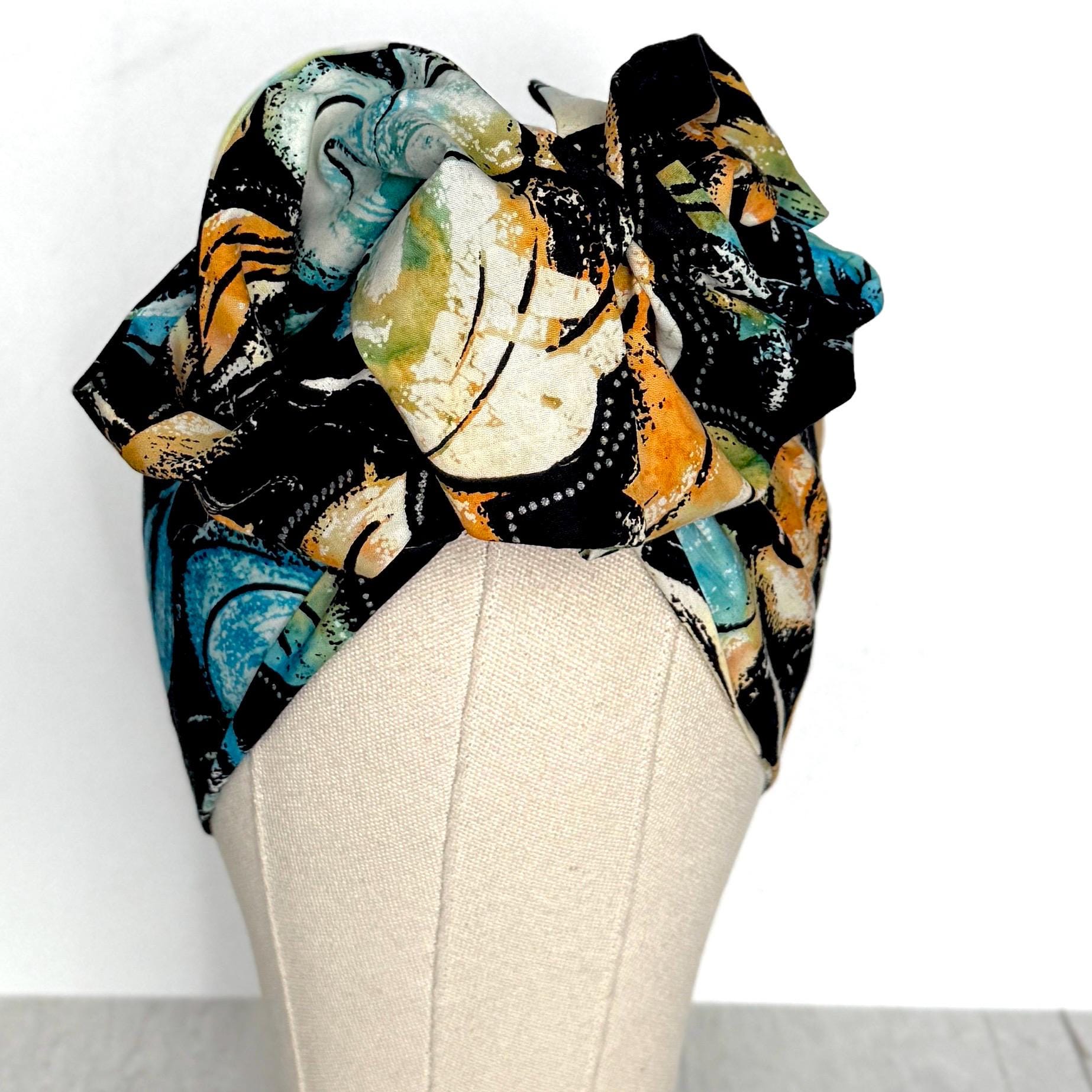 Extra Long & Wide BENDABLE Batik Wire Head Wrap, Batik Black Blue Tan Floral Print Wired Headband, Turban, Hair Wrap, Gift For Her