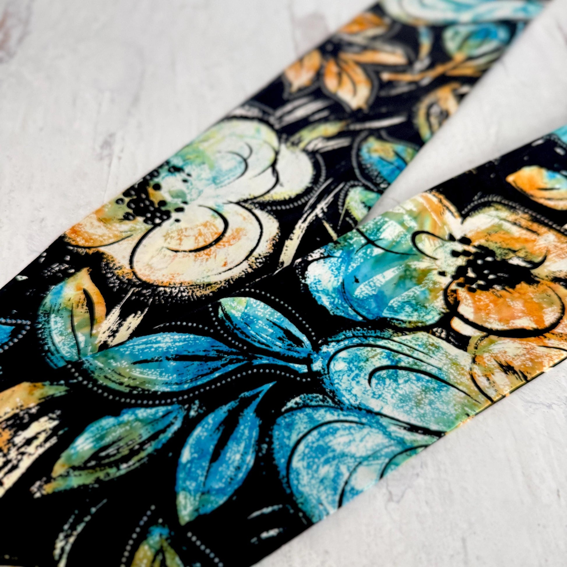 Extra Long & Wide BENDABLE Batik Wire Head Wrap, Batik Black Blue Tan Floral Print Wired Headband, Turban, Hair Wrap, Gift For Her