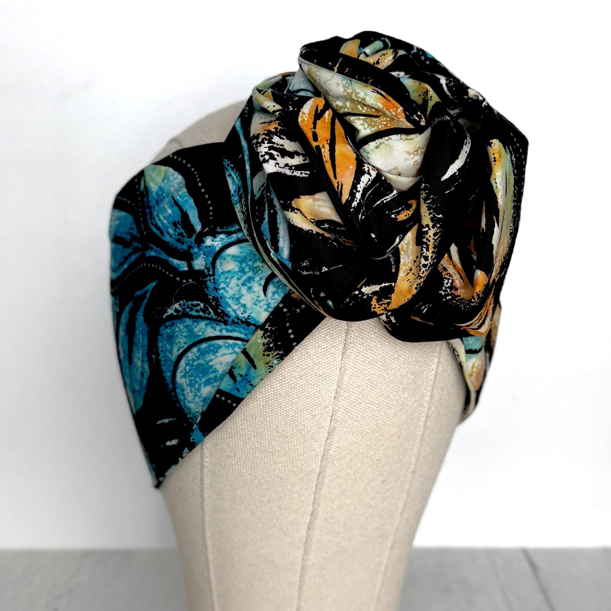 Extra Long & Wide BENDABLE Batik Wire Head Wrap, Batik Black Blue Tan Floral Print Wired Headband, Turban, Hair Wrap, Gift For Her