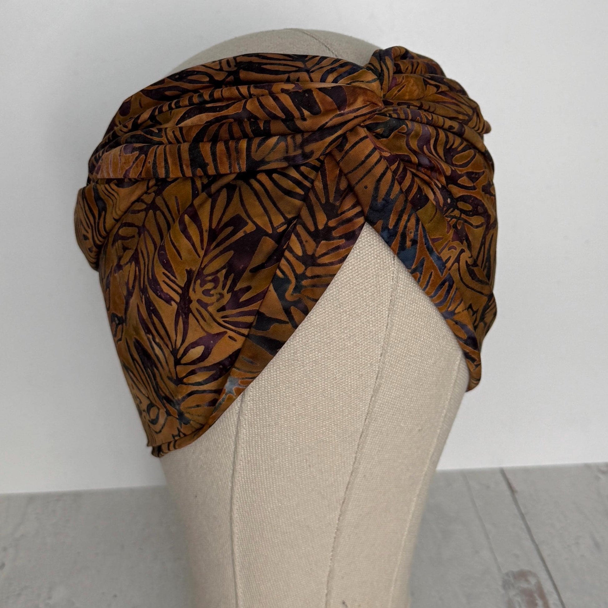 Extra Wide Adjustable Wire Headband, Batik Brown Plum Fall Floral Print, Boho Wired Headband, Fabric Head Wrap, BendableTurban