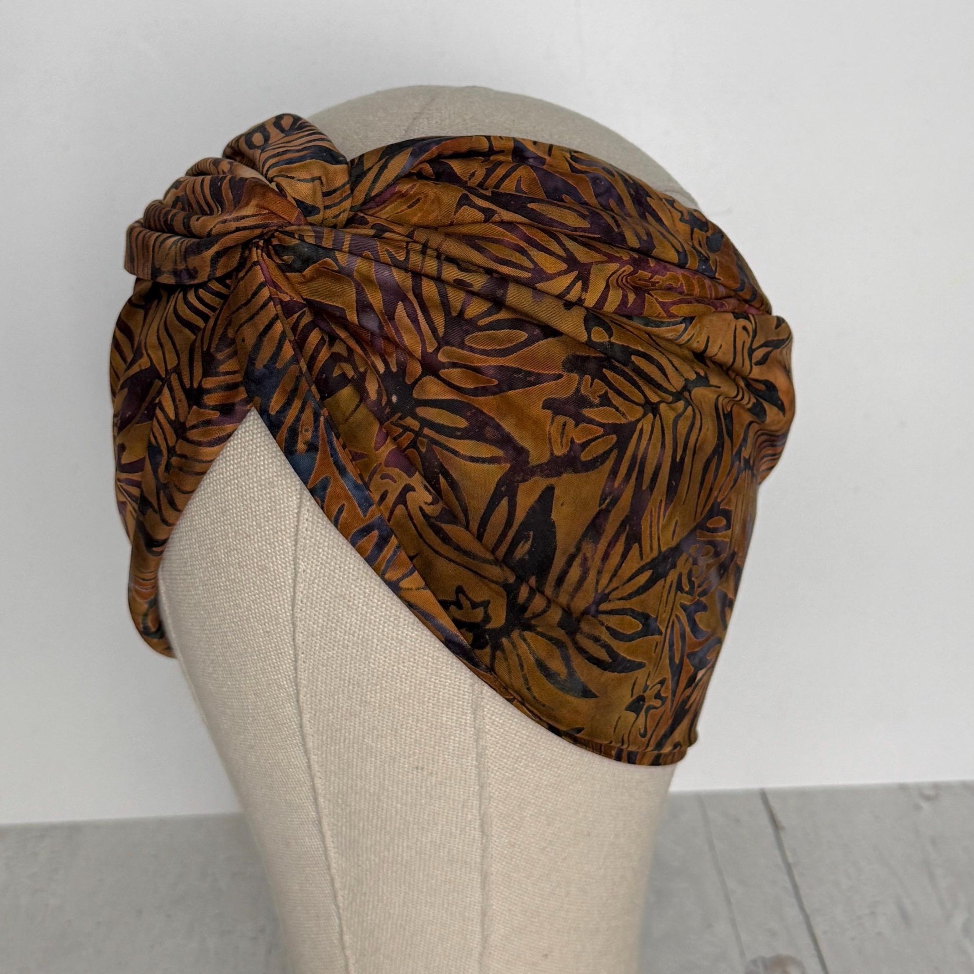 Extra Wide Adjustable Wire Headband, Batik Brown Plum Fall Floral Print, Boho Wired Headband, Fabric Head Wrap, BendableTurban