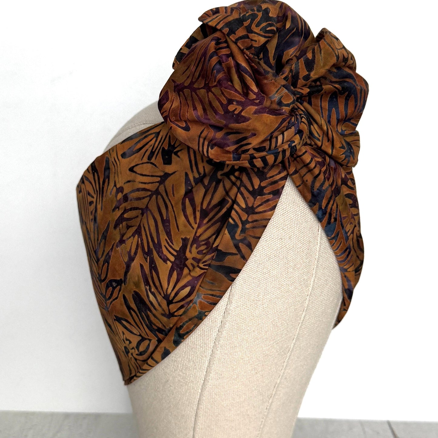 Extra Wide Adjustable Wire Headband, Batik Brown Plum Fall Floral Print, Boho Wired Headband, Fabric Head Wrap, BendableTurban