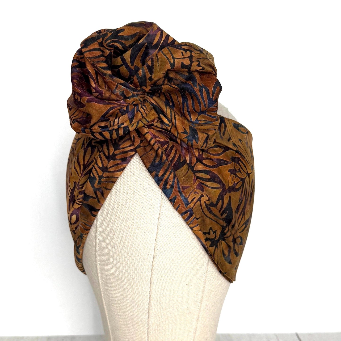 Extra Wide Adjustable Wire Headband, Batik Brown Plum Fall Floral Print, Boho Wired Headband, Fabric Head Wrap, BendableTurban