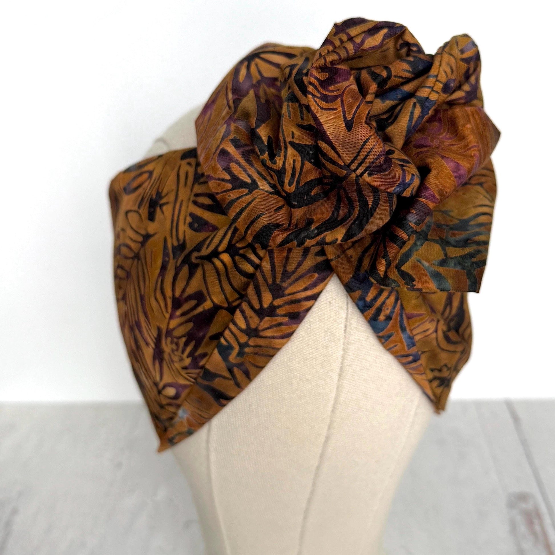 Extra Wide Adjustable Wire Headband, Batik Brown Plum Fall Floral Print, Boho Wired Headband, Fabric Head Wrap, BendableTurban