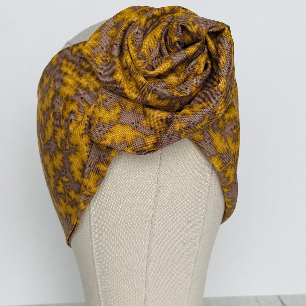 Extra Wide Adjustable Wire Headband, Fall Mustard Brown Taupe Leaf Print, Fabric Wired Head Wrap, Turban, No Slip, Bendable Scarf