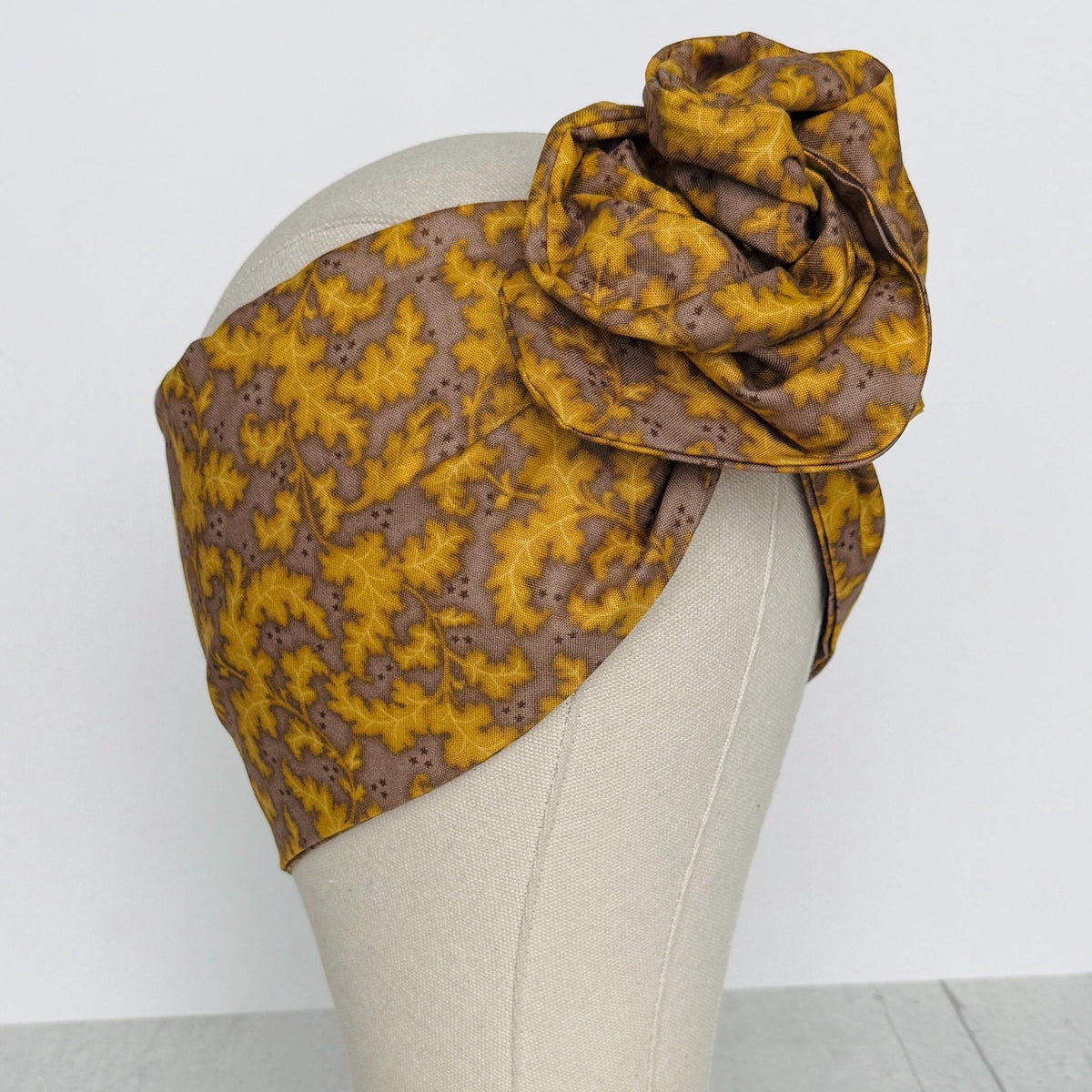 Extra Wide Adjustable Wire Headband, Fall Mustard Brown Taupe Leaf Print, Fabric Wired Head Wrap, Turban, No Slip, Bendable Scarf