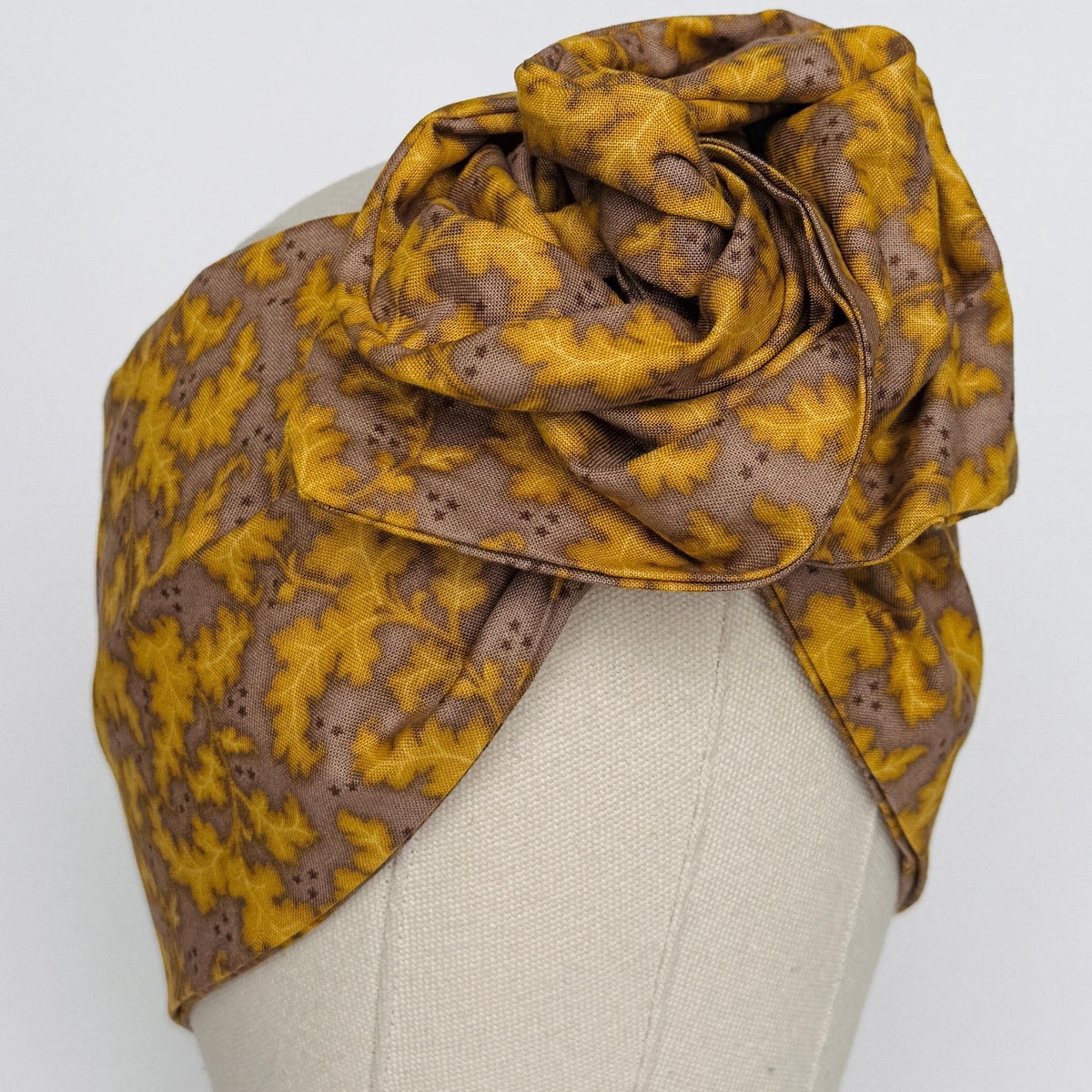 Extra Wide Adjustable Wire Headband, Fall Mustard Brown Taupe Leaf Print, Fabric Wired Head Wrap, Turban, No Slip, Bendable Scarf