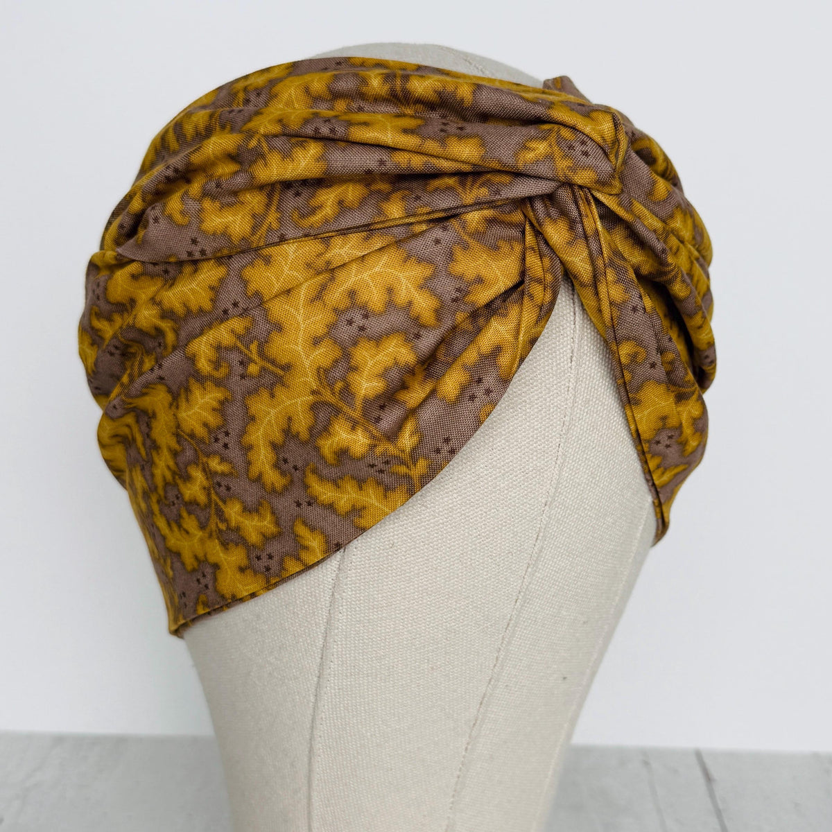 Extra Wide Adjustable Wire Headband, Fall Mustard Brown Taupe Leaf Print, Fabric Wired Head Wrap, Turban, No Slip, Bendable Scarf