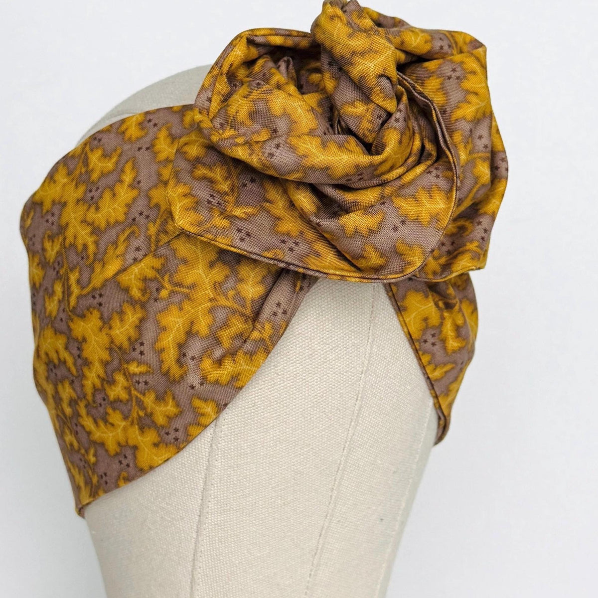 Extra Wide Adjustable Wire Headband, Fall Mustard Brown Taupe Leaf Print, Fabric Wired Head Wrap, Turban, No Slip, Bendable Scarf