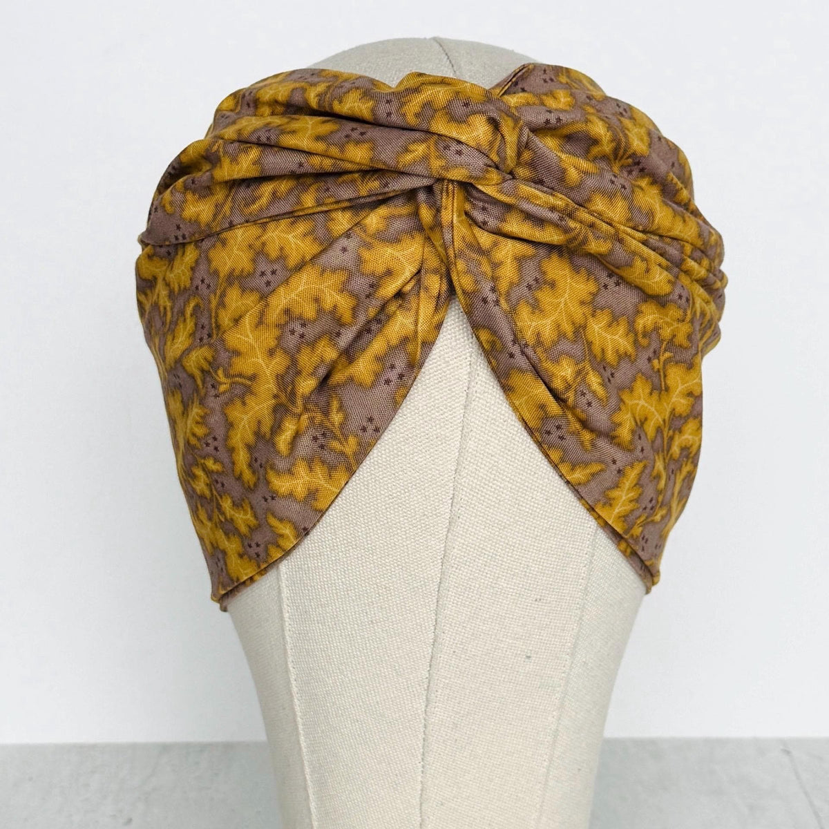 Extra Wide Adjustable Wire Headband, Fall Mustard Brown Taupe Leaf Print, Fabric Wired Head Wrap, Turban, No Slip, Bendable Scarf