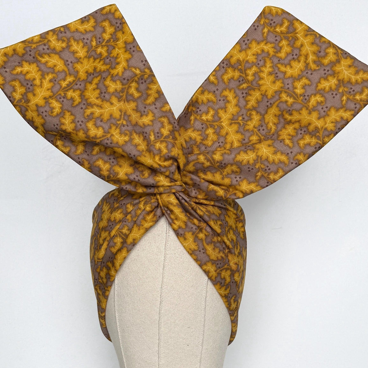 Extra Wide Adjustable Wire Headband, Fall Mustard Brown Taupe Leaf Print, Fabric Wired Head Wrap, Turban, No Slip, Bendable Scarf