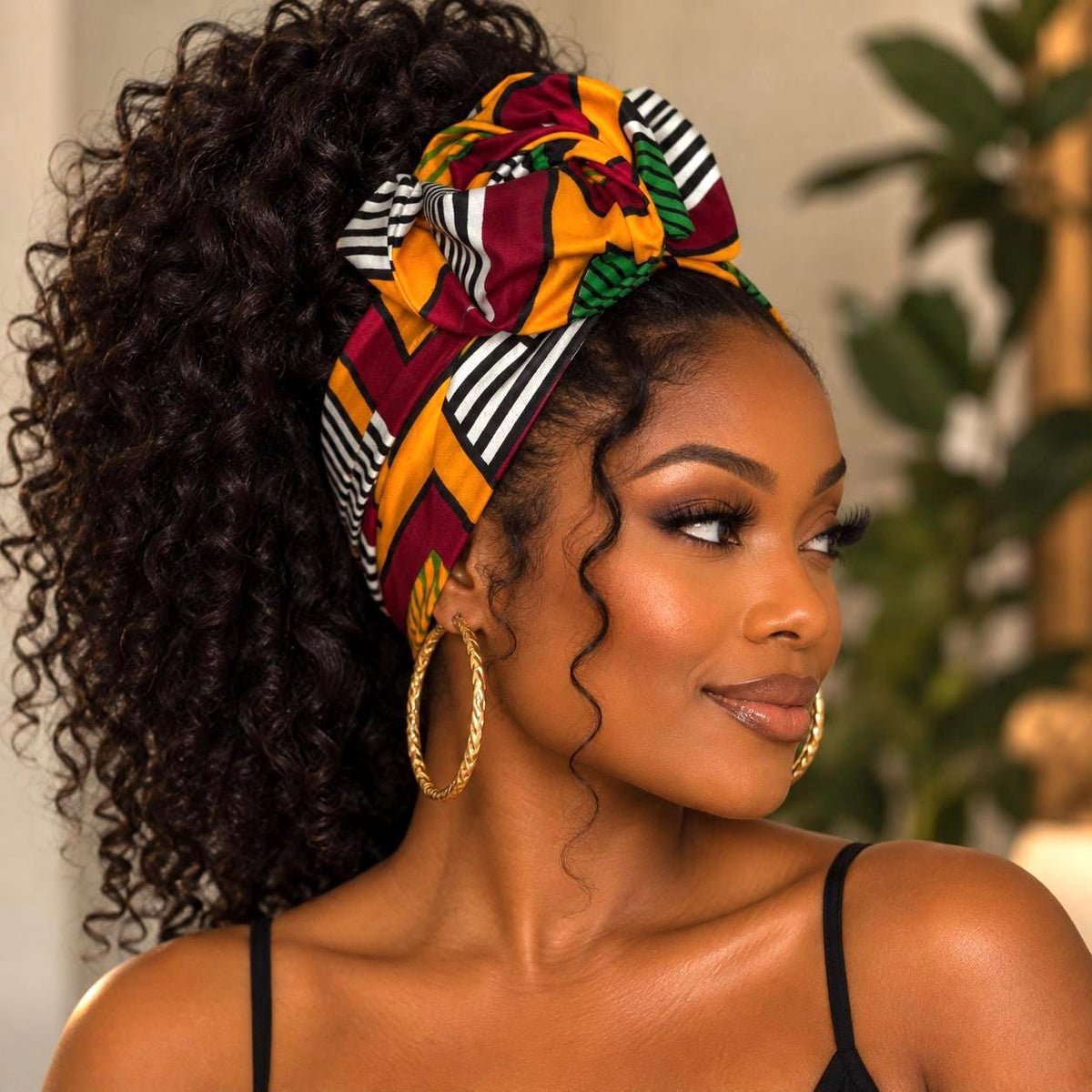 Extra Wide Adjustable Wire Wrap, African Tribal Print Wired Headband, Deep Red Yellow Green African Fabric Head Wrap, Afro Boho Turban