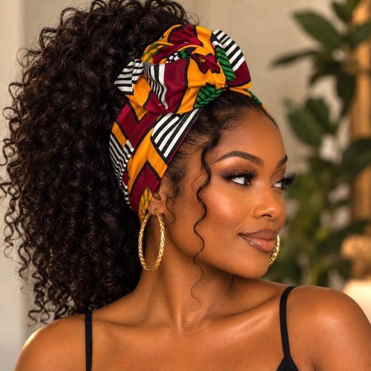 Extra Wide Adjustable Wire Wrap, African Tribal Print Wired Headband, Deep Red Yellow Green African Fabric Head Wrap, Afro Boho Turban