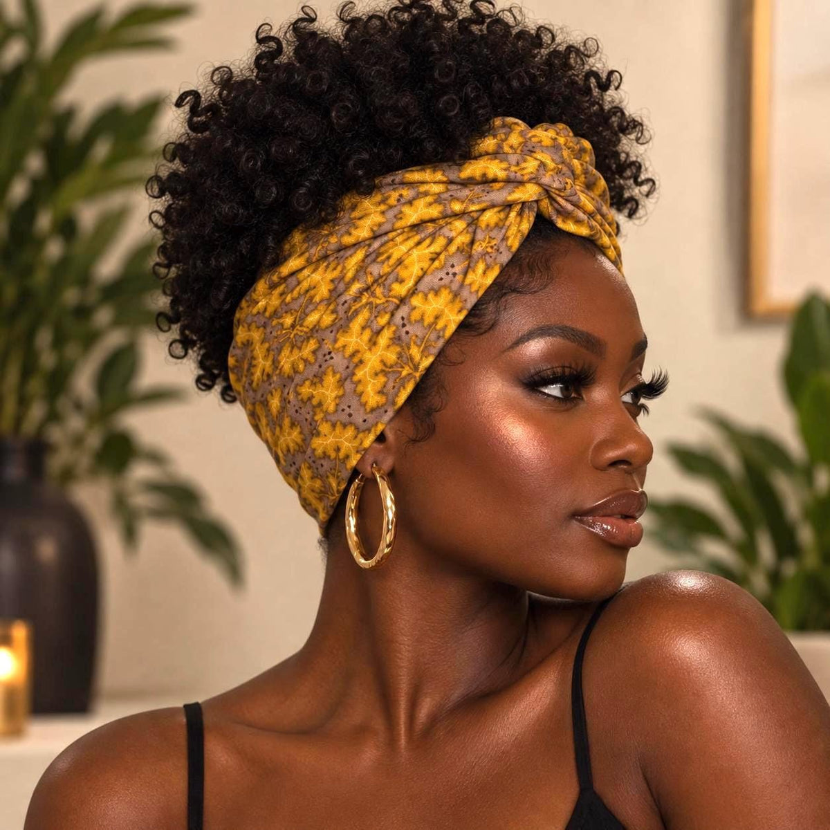 Extra Wide Adjustable Wire Headband, Fall Mustard Brown Taupe Leaf Print, Fabric Wired Head Wrap, Turban, No Slip, Bendable Scarf