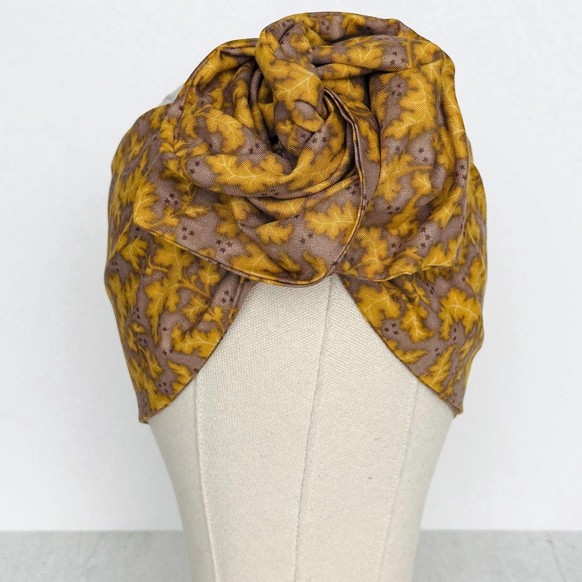 Extra Wide Adjustable Wire Headband, Fall Mustard Brown Taupe Leaf Print, Fabric Wired Head Wrap, Turban, No Slip, Bendable Scarf