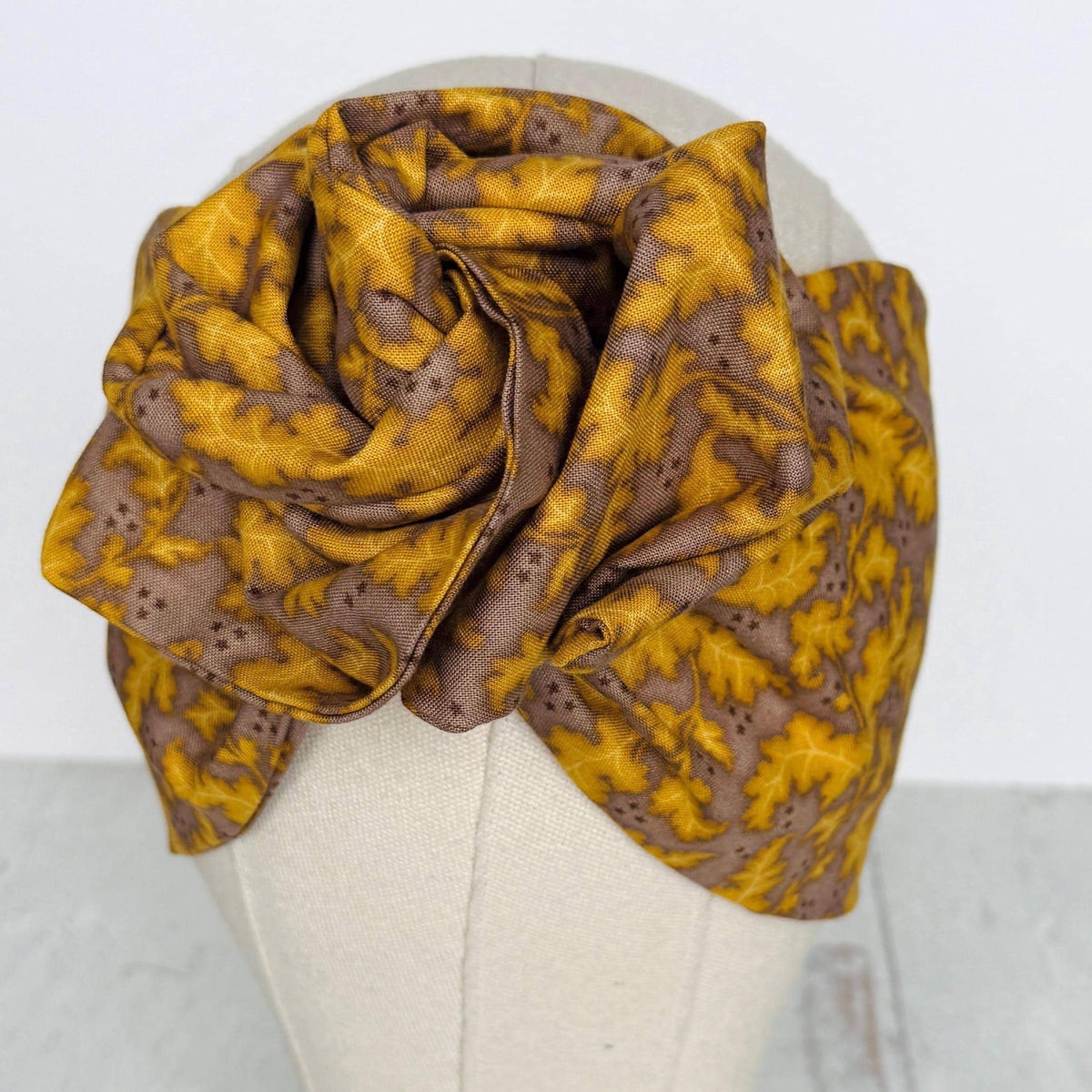 Extra Wide Adjustable Wire Headband, Fall Mustard Brown Taupe Leaf Print, Fabric Wired Head Wrap, Turban, No Slip, Bendable Scarf