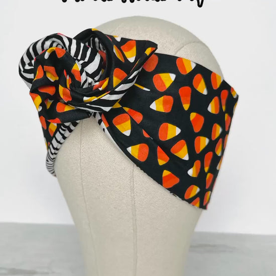 Extra Wide Reversible Adjustable Wire Headband, Halloween Party Candy Corn Print, Bendable Wired Head Wrap, Turban Accessories, Head Scarf