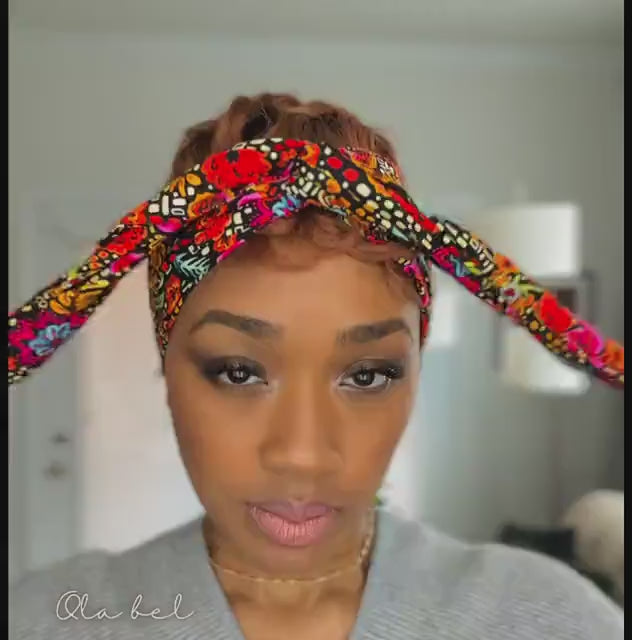 Extra Long & Wide BENDABLE Batik Wire Head Wrap, Batik Black Blue Tan Floral Print Wired Headband, Turban, Hair Wrap, Gift For Her