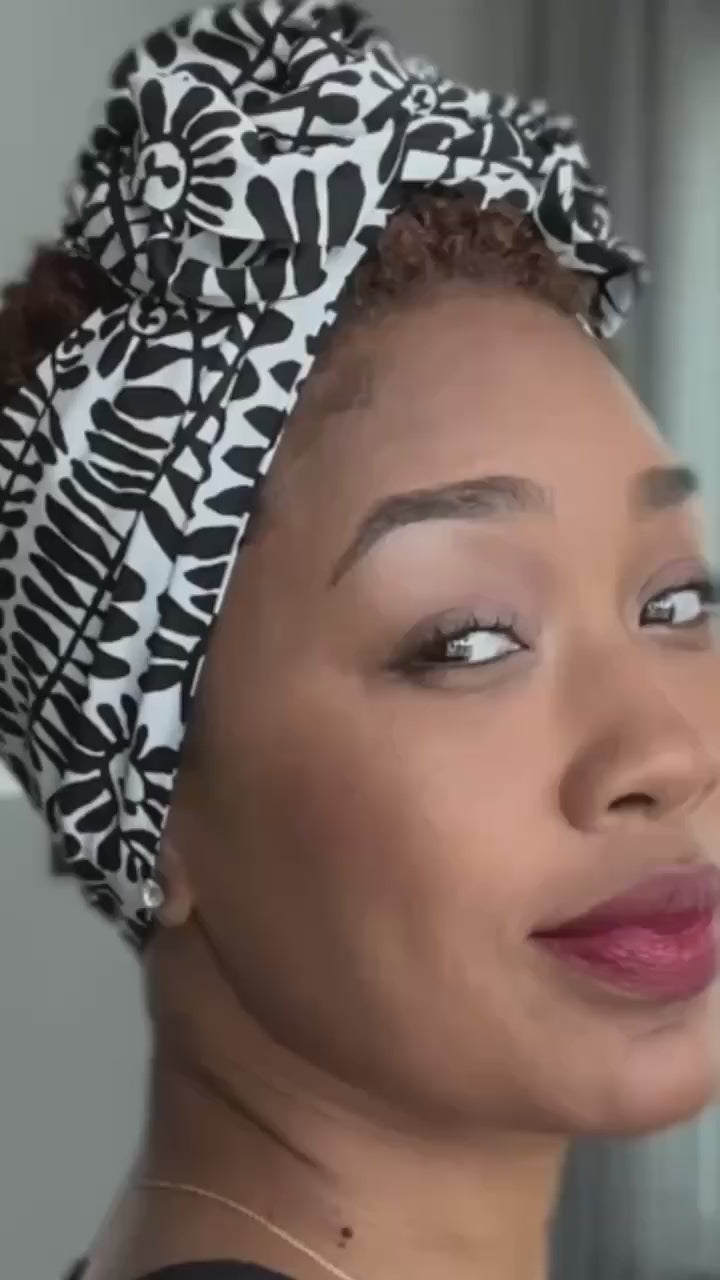 Extra Long Wide Adjustable Wire Wrap Navy White Brown Ankara Print Headband, Wired Tribal African Fabric Head Wrap, Accessories, Turban